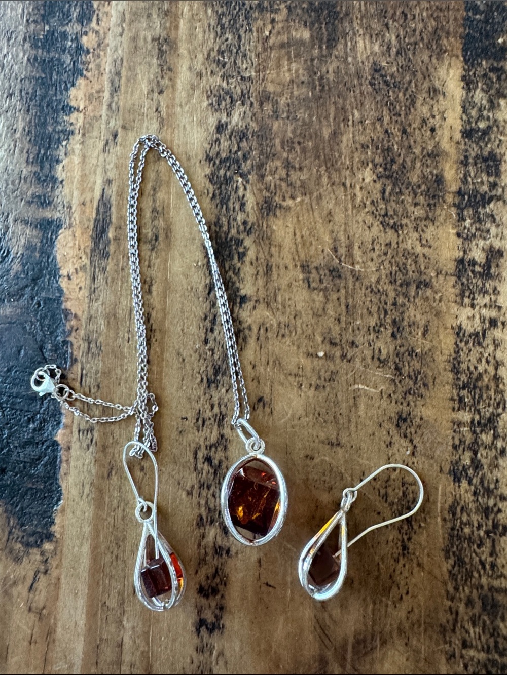 Sterling Silver Amber Teardrop Necklace and Earrings Set - Brown Amber